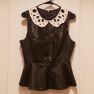 EUC Black faux leather peplum top with lace accent